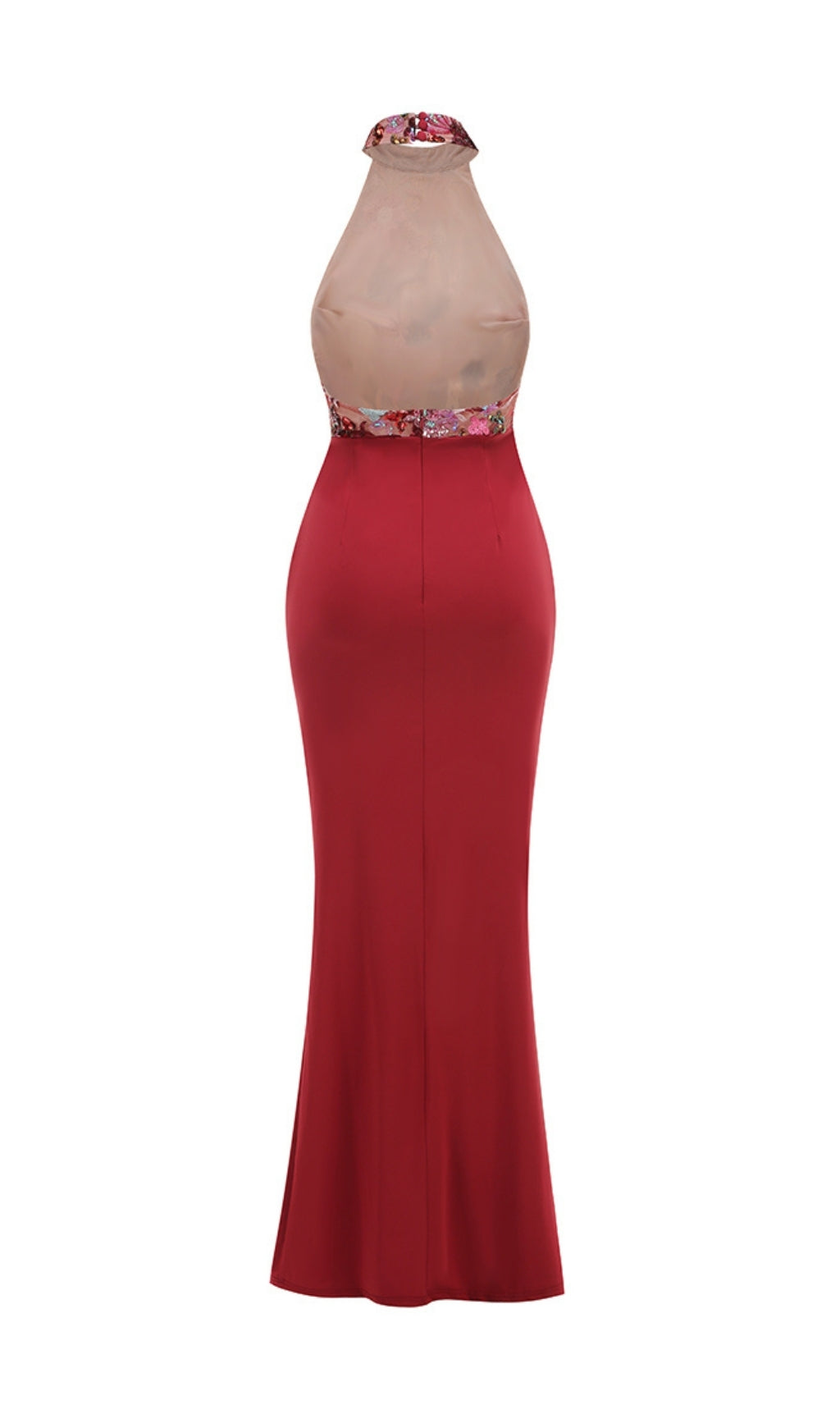 Dusha Elegant Wine Red Floral Embroidered Halter Ruched Maxi Dress