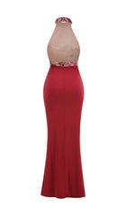 Dusha Elegant Wine Red Floral Embroidered Halter Ruched Maxi Dress