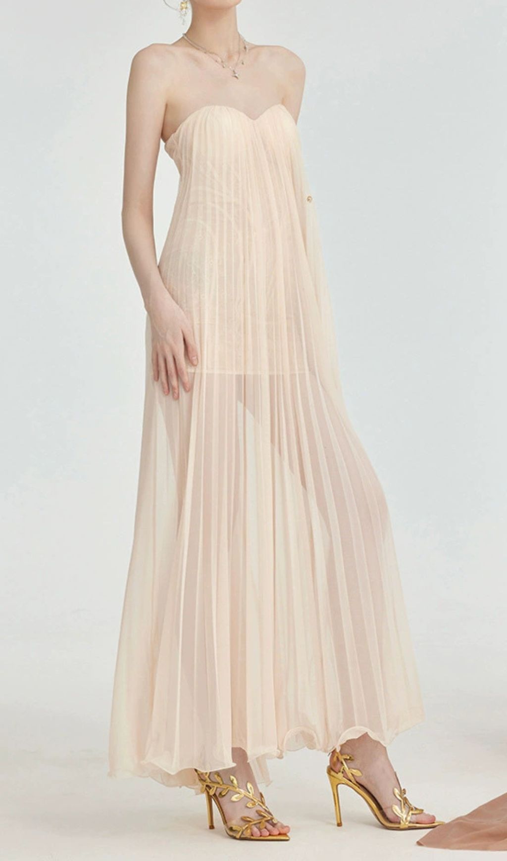 Fintan Apricot Strapless Pleated Mesh Maxi Dress
