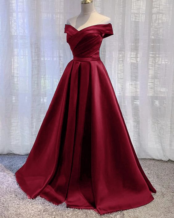 Wine Red Floor Length Off Shoulder Wedding Party Dress