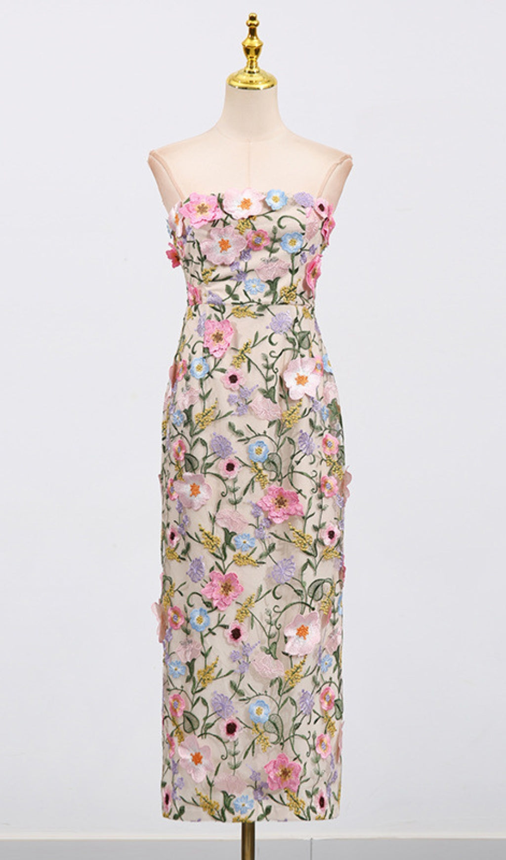 Eiichi Strapless 3D Floral Applique Midi Dress