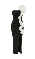 Jessie Black Strapless Floral Ruffle Maxi Gown