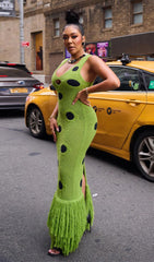 Gaelion Vibrant Green Polka Dot Fringe Knitted Midi Dress