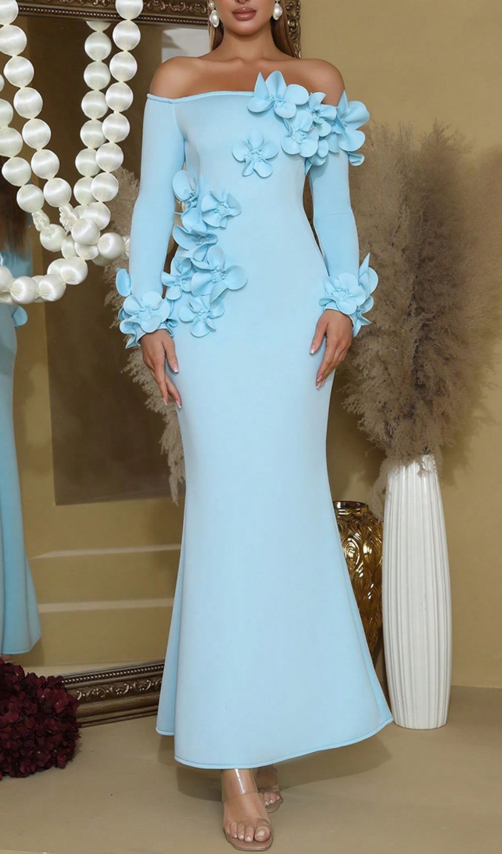 Ethereal Blue Floral Off-Shoulder Maxi Dress