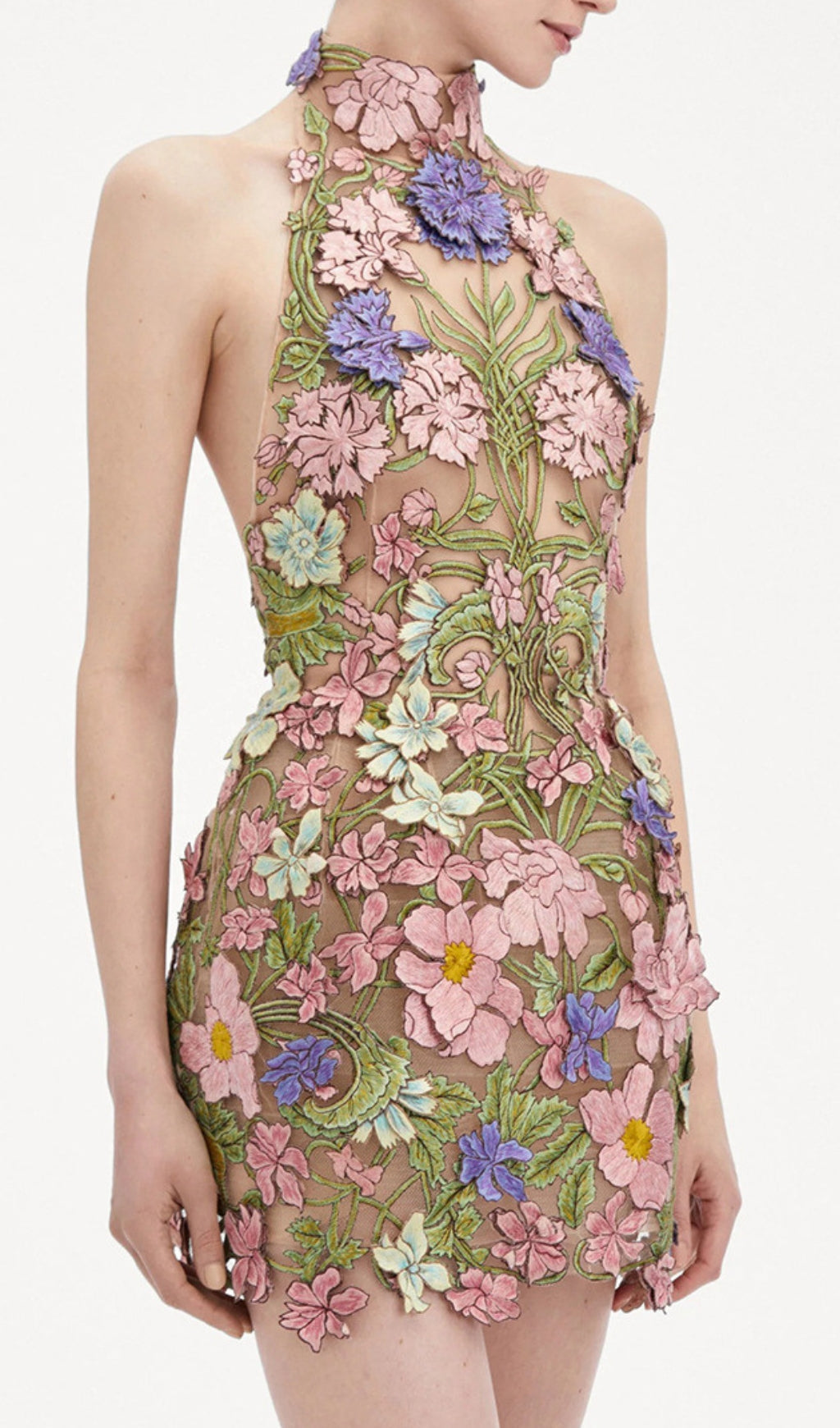 Stunning 3D Floral Embroidery Halter Mini Dress