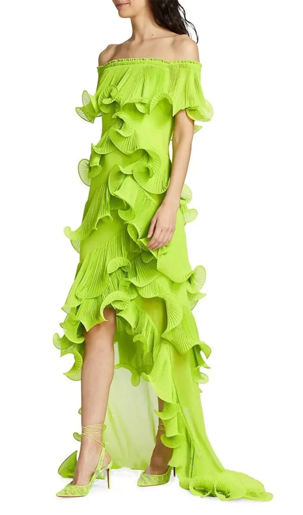 Dyveke Vibrant Lime Green Off-Shoulder Ruffle Maxi Dress