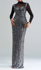 Cosmas Black Sequin Mesh Long Sleeve Evening Maxi Dress