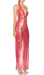 Brona Rose Red Sequin Halter Maxi Dress