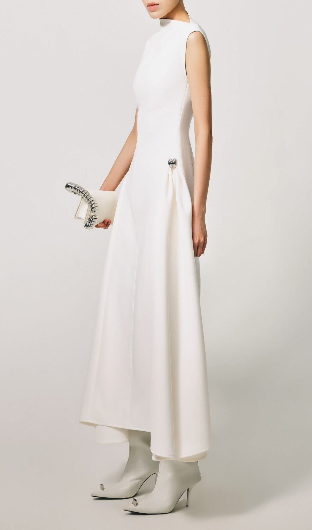 Elegant White High-Neck A-Line Maxi Dress with Side Detail