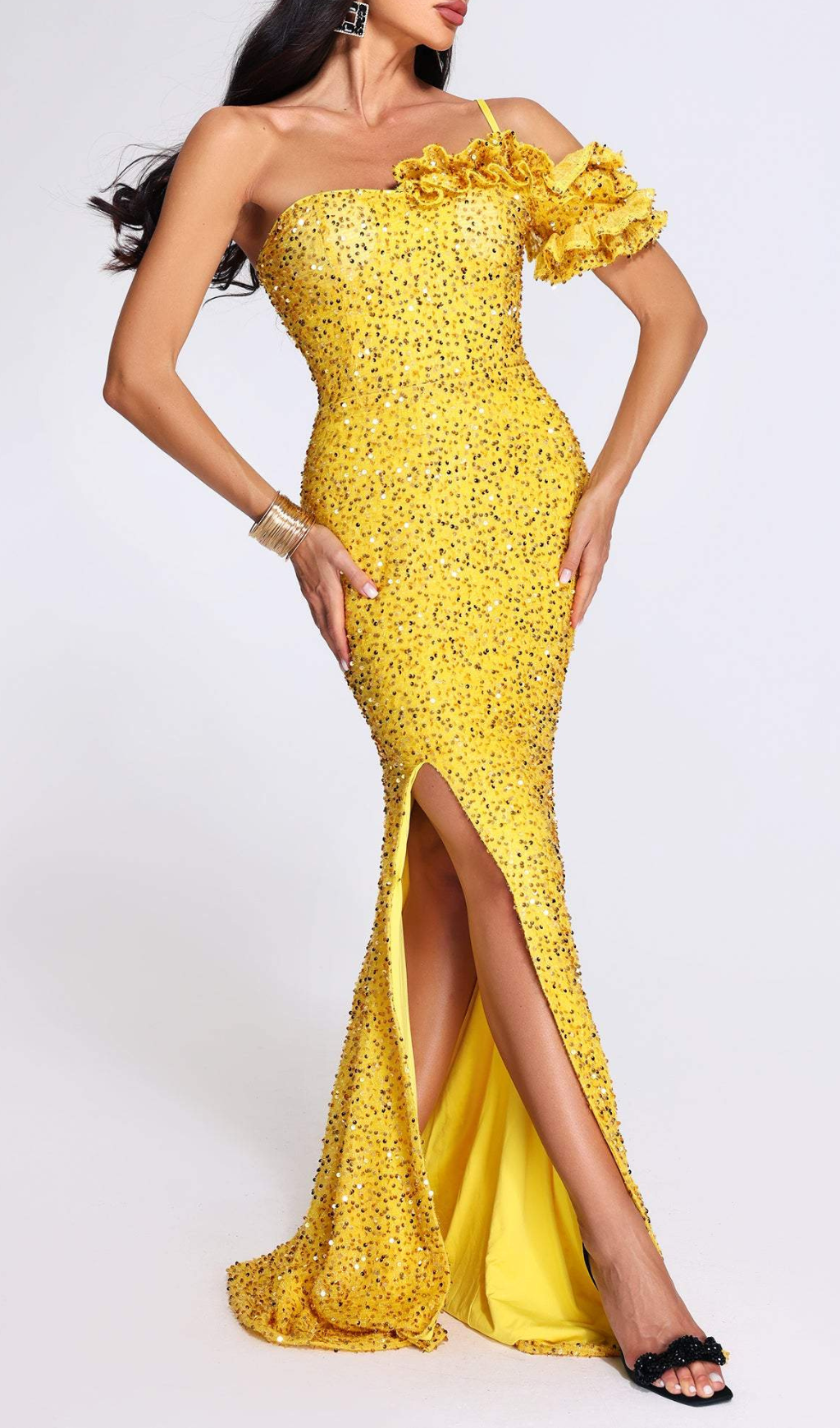 Ayn Dazzling Yellow Sequin One-Shoulder High Slit Maxi Gown