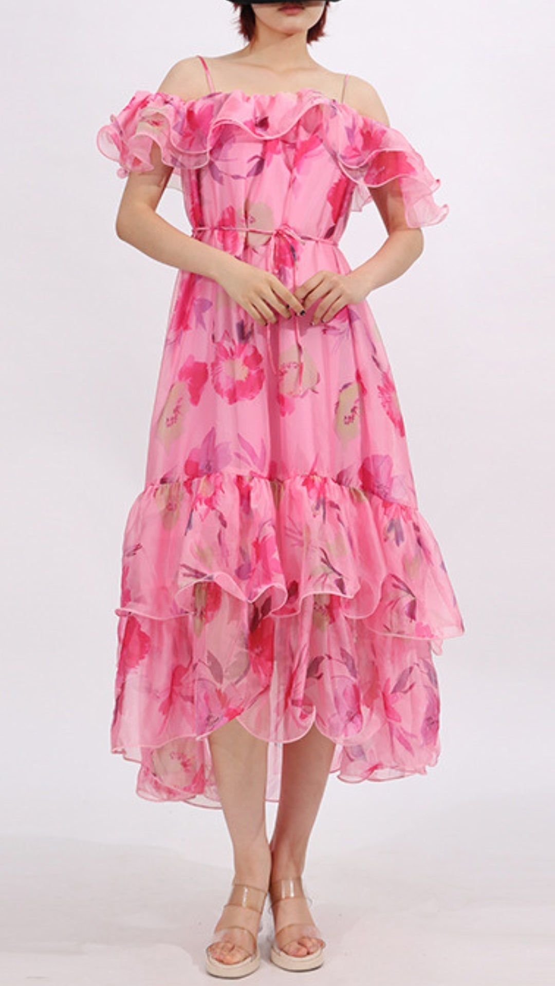 Effortless Chic Flora Pink Ruffle Floral Off-Shoulder Midi Dress