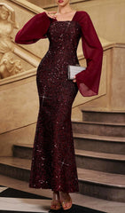 Honovi Dazzling Wine Sequin Long Sleeve Maxi Dress