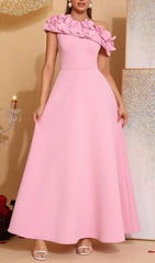 Hạnh Elegant Pink One-Shoulder Maxi Dress with 3D Floral Appliques