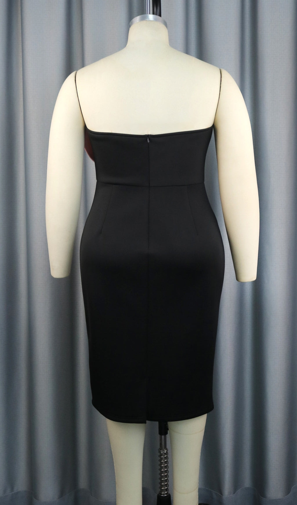 Bachue Black Strapless Midi Dress with Statement Pink Bow