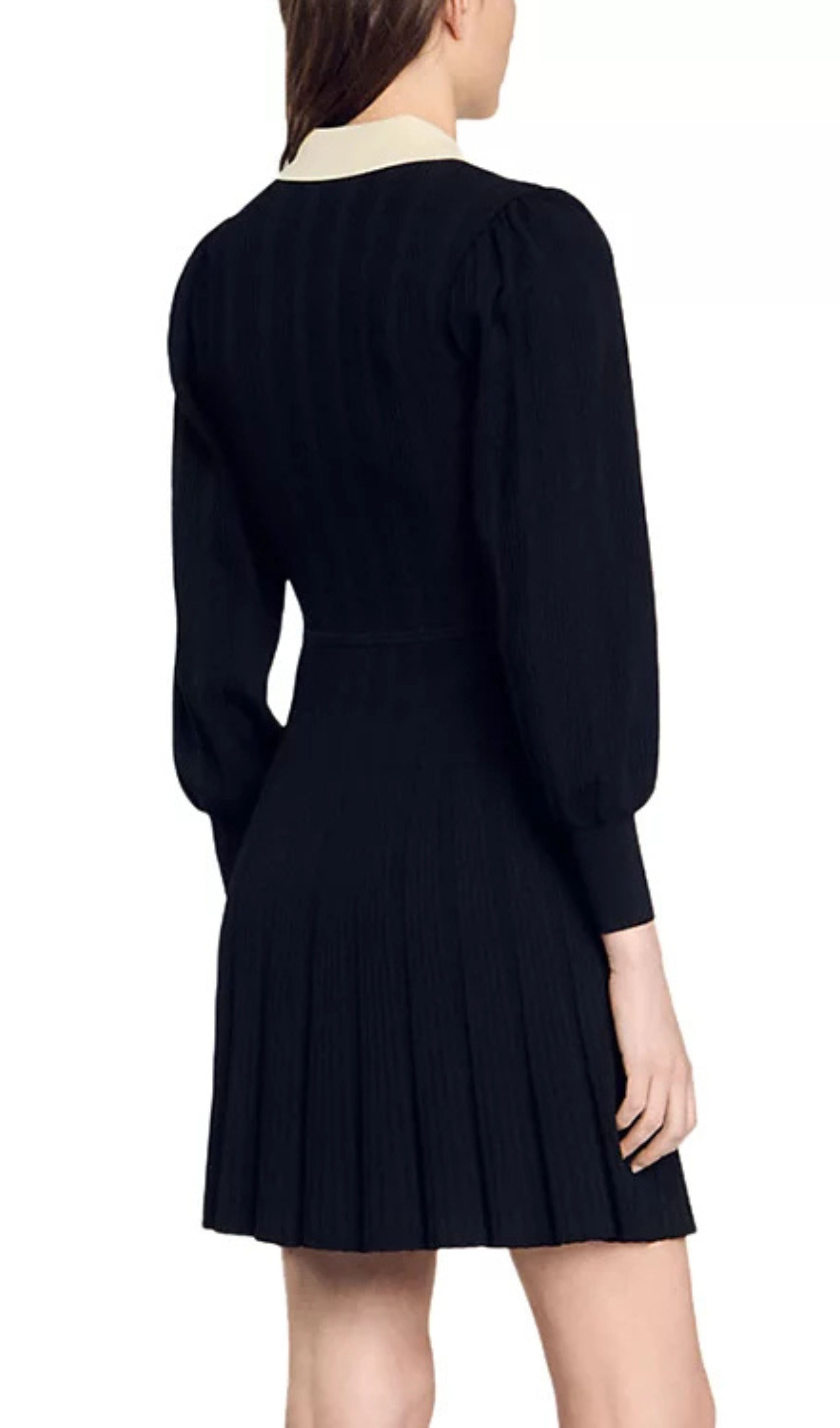 Lison Chic Black Knit Mini Dress with Contrast Collar & Pleated Skirt