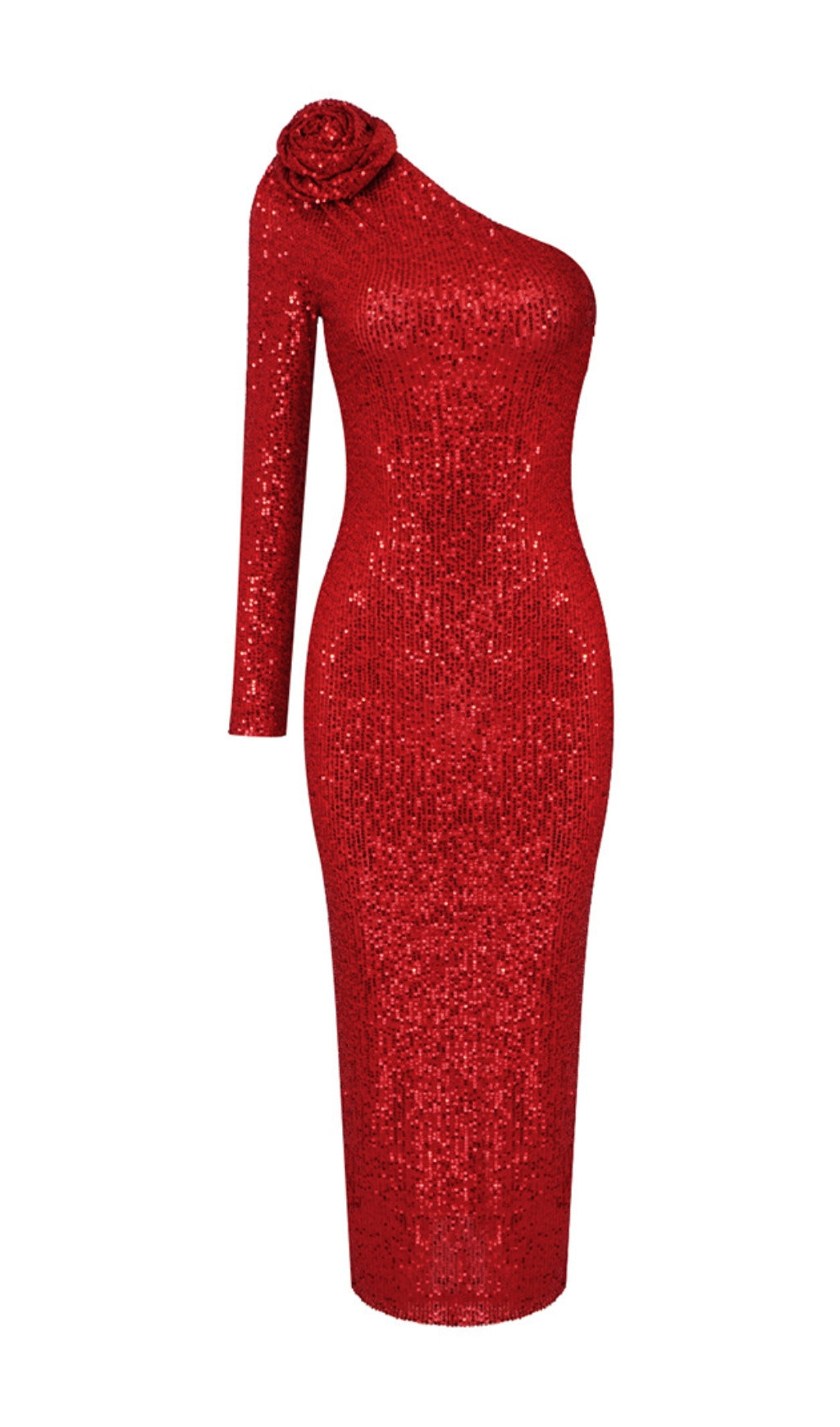 Showstopping Red One-Shoulder Sequin Gown with 3D Floral & Stretch