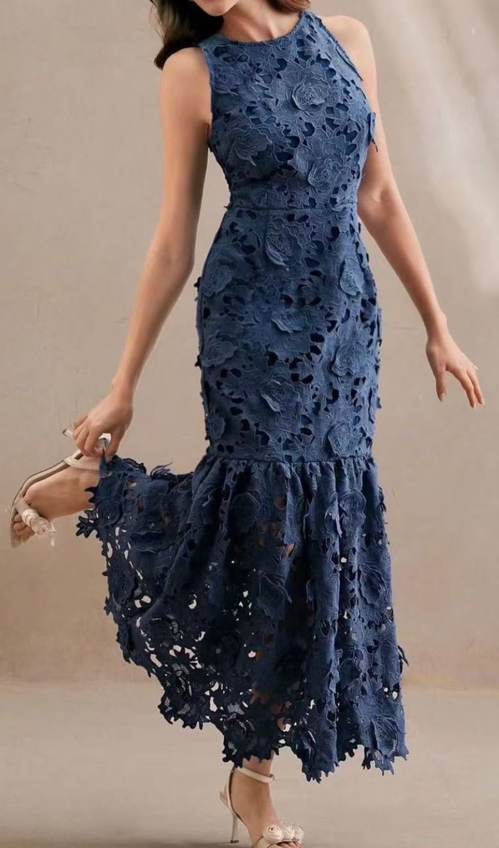 Geraldo Navy Blue 3D Floral Appliqu Maxi Dress