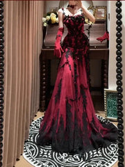 Vestido de fiesta de tul con apliques de encaje y tirantes de sirena color rojo vino 