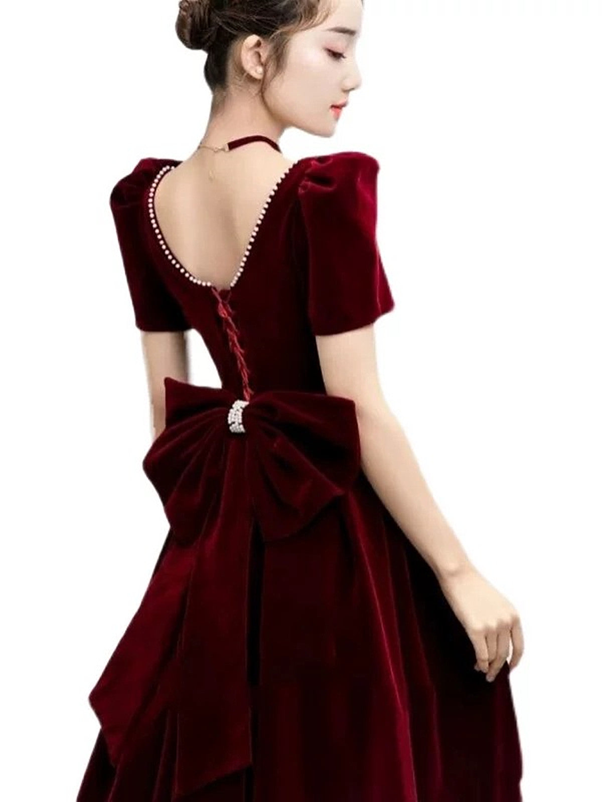 Vestido de fiesta de terciopelo rojo vino con mangas cortas y cuentas 