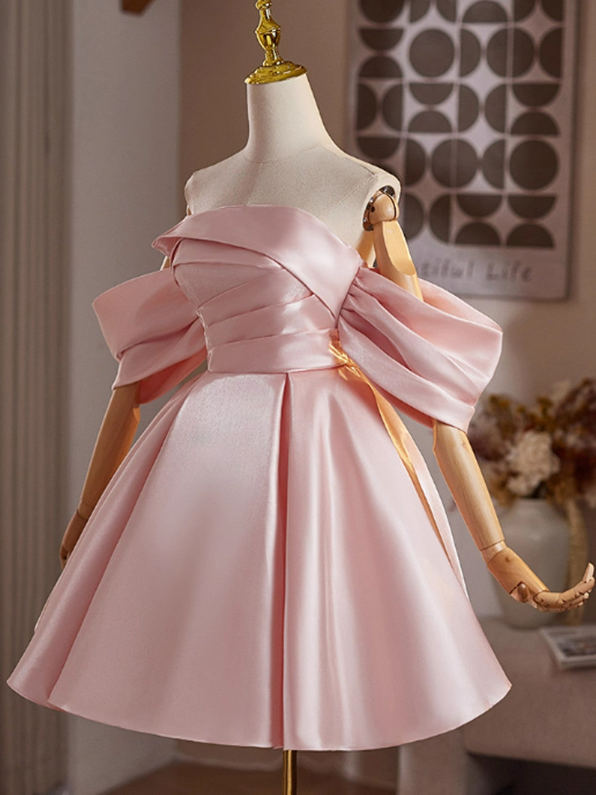 A-line Pink Satin Short Sleeves Homecoming Dress