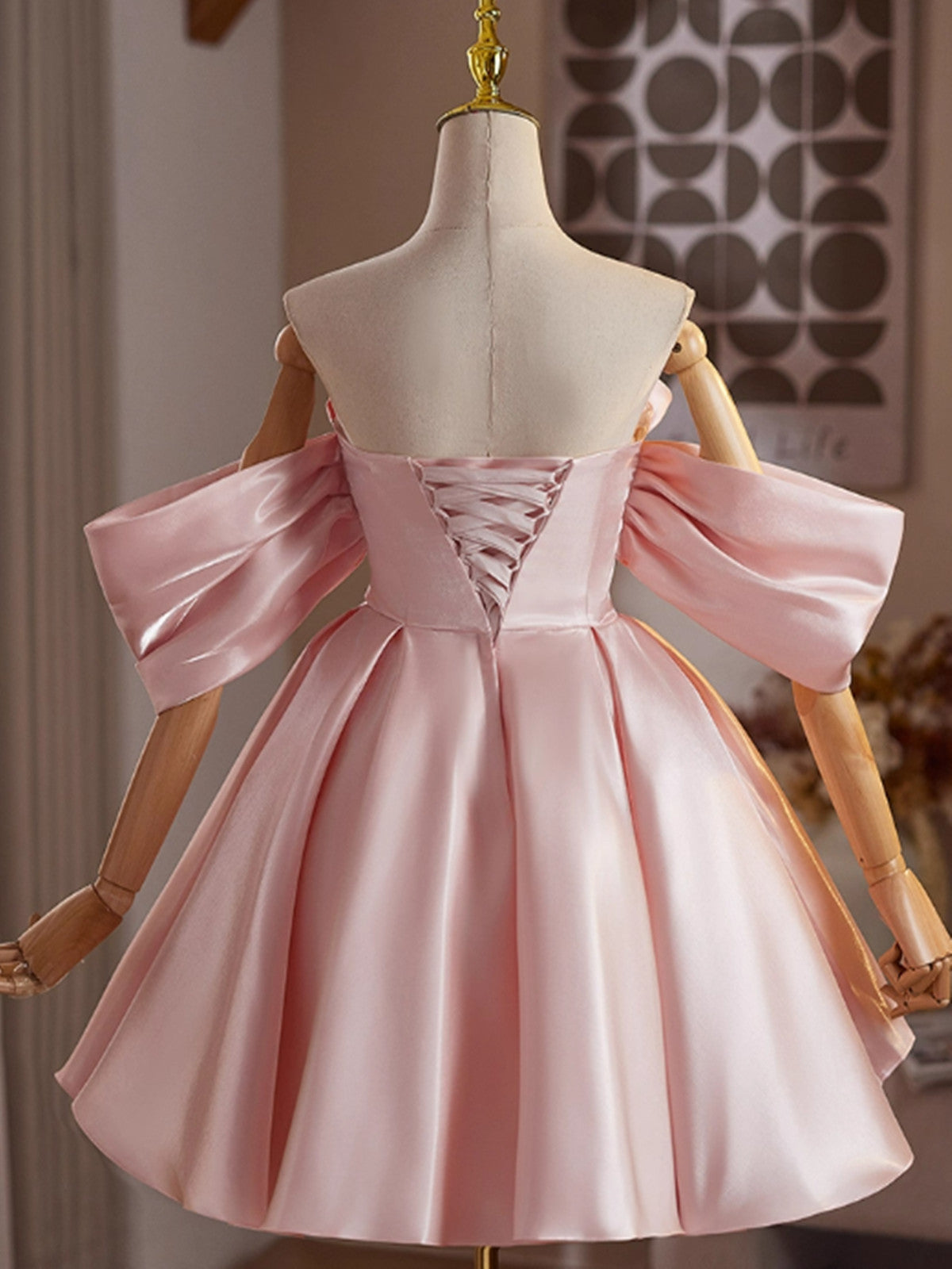 A-line Pink Satin Short Sleeves Homecoming Dress