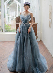 Blue Tulle Beaded Long Unique Straps Prom Dress
