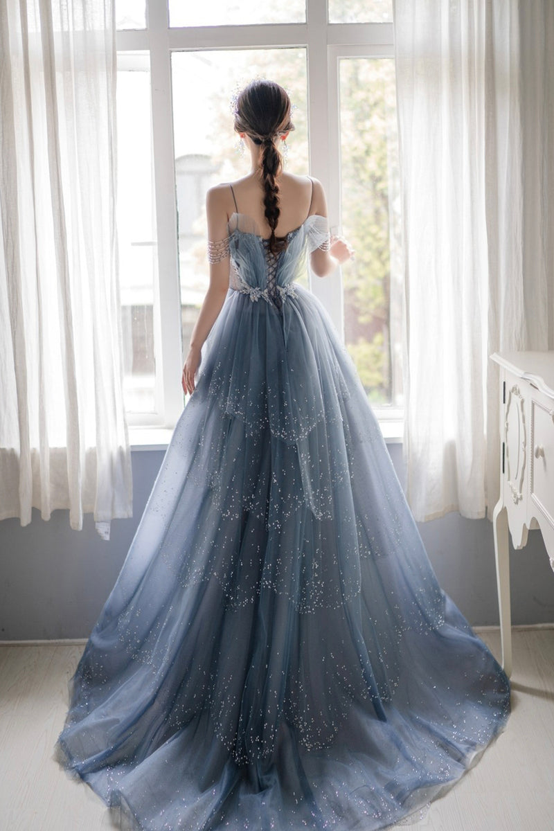 Blue Tulle Beaded Long Unique Straps Prom Dress