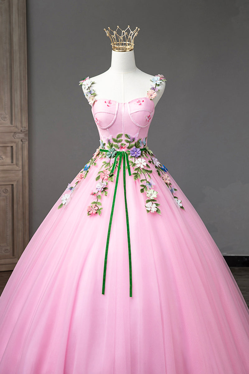 Vestido de fiesta de tul con escote en forma de corazón y tirantes rosas con flores 