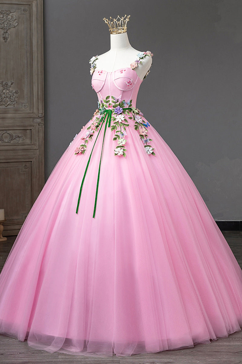 Vestido de fiesta de tul con escote en forma de corazón y tirantes rosas con flores 