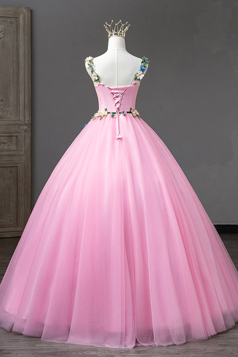 Vestido de fiesta de tul con escote en forma de corazón y tirantes rosas con flores 