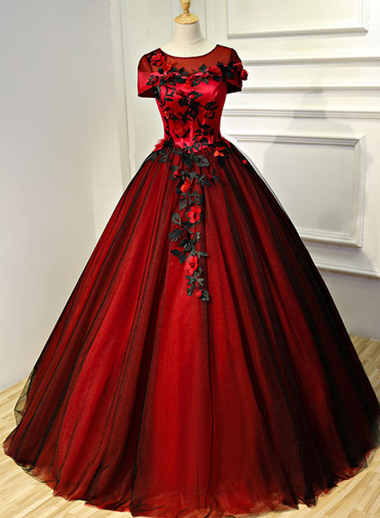 Glam Red and Black Flowers Cap Sleeves Ball Gown Sweet 16 Dress