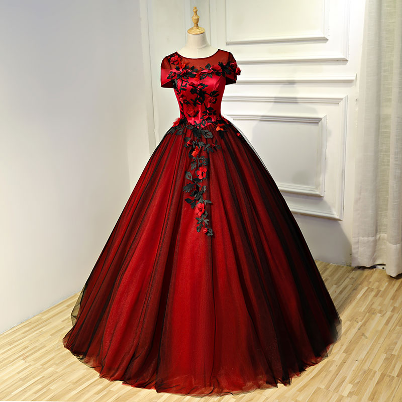 Glam Red and Black Flowers Cap Sleeves Ball Gown Sweet 16 Dress