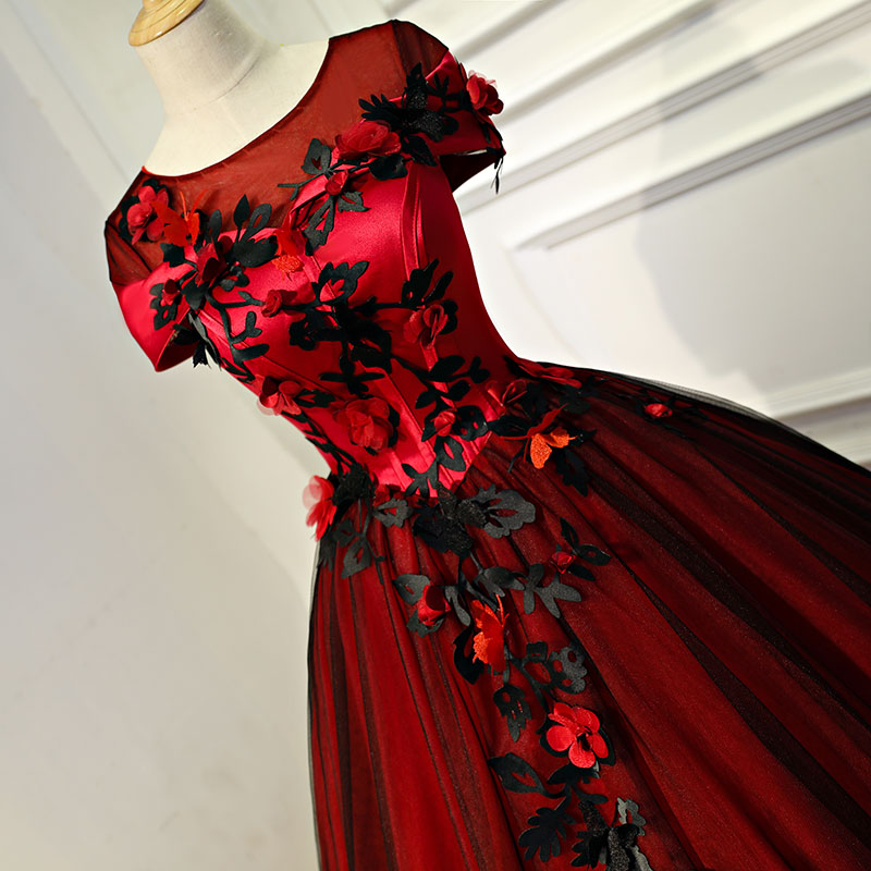 Glam Red and Black Flowers Cap Sleeves Ball Gown Sweet 16 Dress