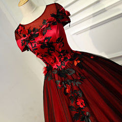 Glam Red and Black Flowers Cap Sleeves Ball Gown Sweet 16 Dress
