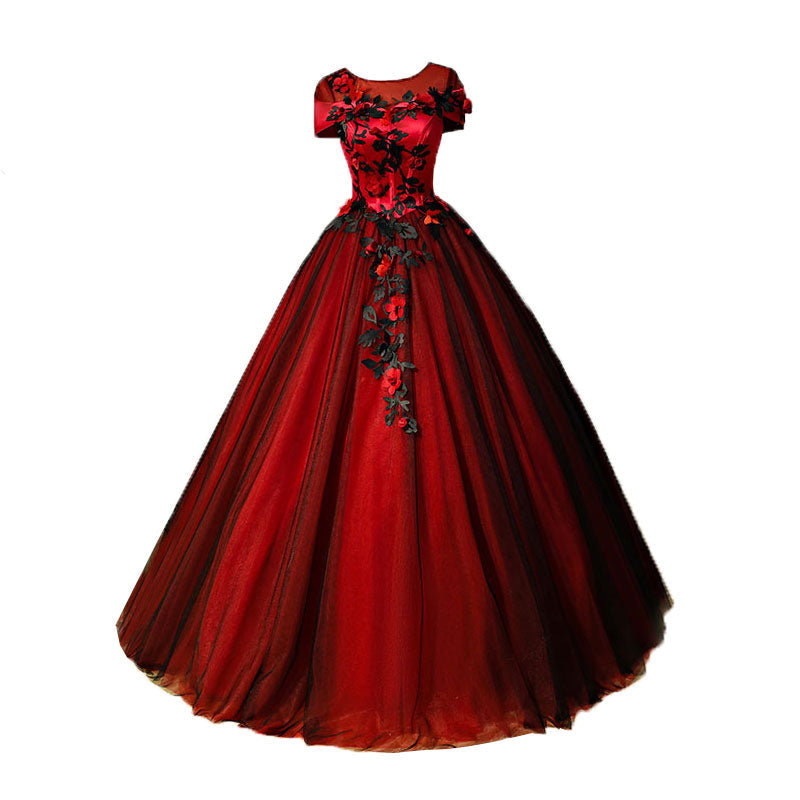 Glam Red and Black Flowers Cap Sleeves Ball Gown Sweet 16 Dress