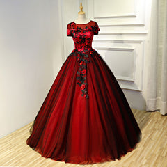 Glam Red and Black Flowers Cap Sleeves Ball Gown Sweet 16 Dress