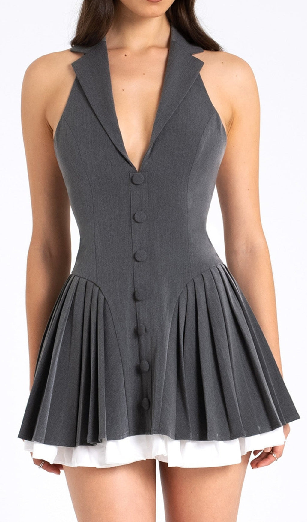Dhriti Grey Tailored Halter Mini Dress with Pleated Skirt