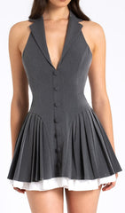 Dhriti Grey Tailored Halter Mini Dress with Pleated Skirt