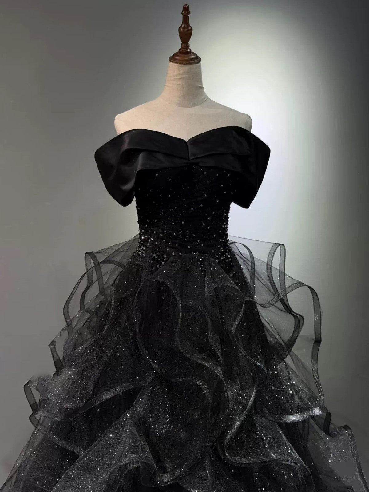 A-line Black Tulle Layers Beaded Off Shoulder Party Dress
