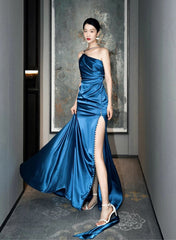 Blue Soft Satin Long Prom Dress with Leg Slit