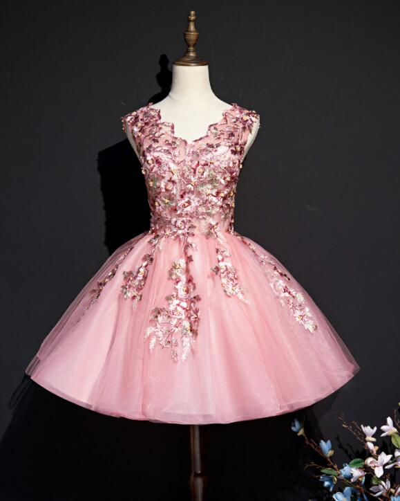 Beautiful Pink Tulle Flowers Homecoming Dress