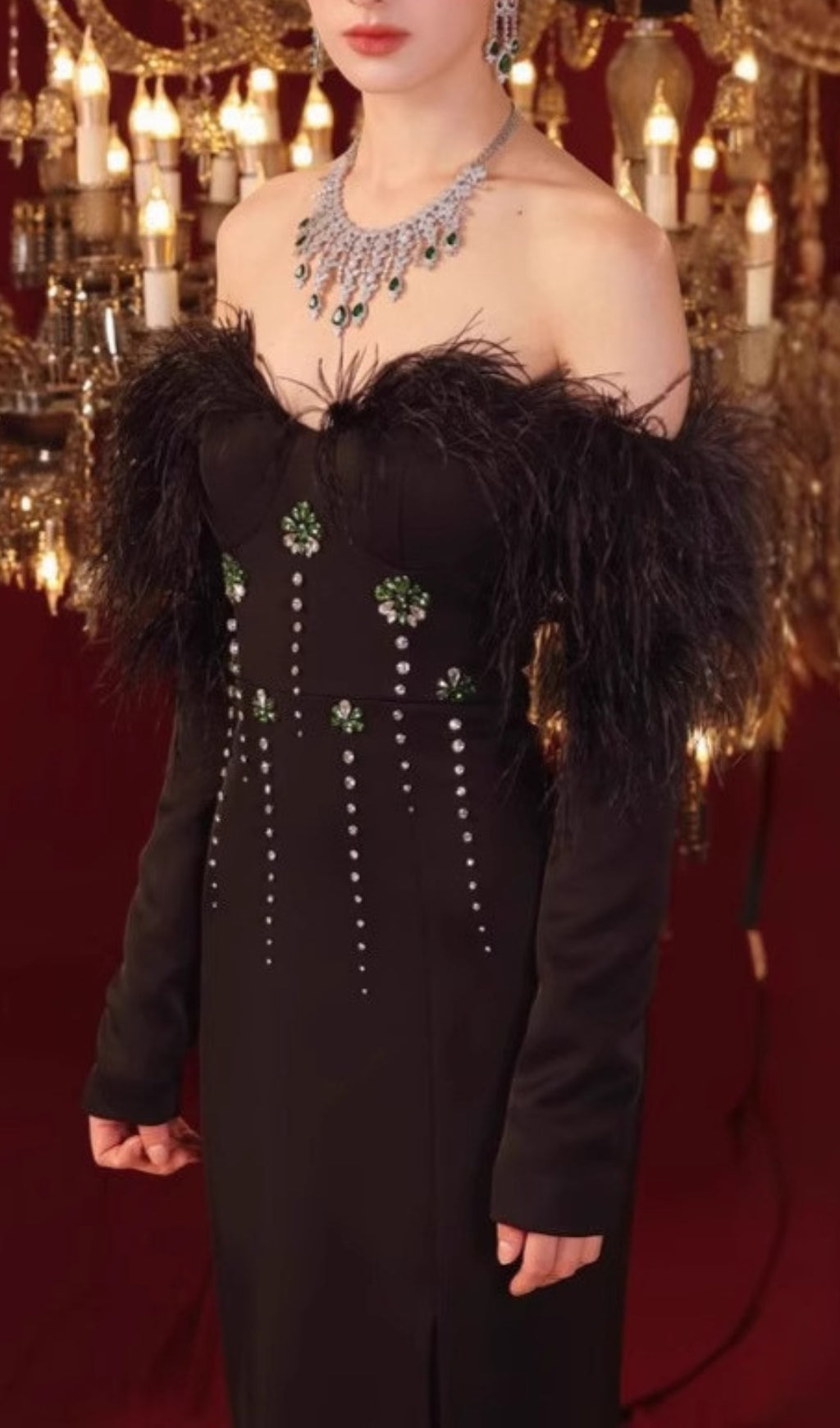 Glamorous Chaya Black Feather-Trim Off-Shoulder Embellished Maxi Gown