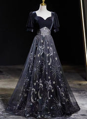 Hermoso vestido de fiesta negro sencillo de corte A hasta el suelo 