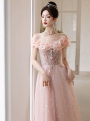 Vestido de fiesta rosa de tul con hombros descubiertos y cuentas en forma de A 
