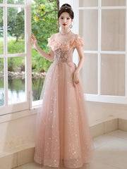 Vestido de fiesta rosa de tul con hombros descubiertos y cuentas en forma de A 
