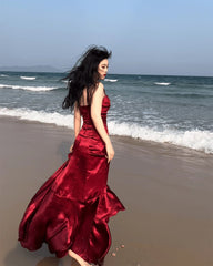 Wine Red Satin Mermaid Sweetheart Straps Evening Dress