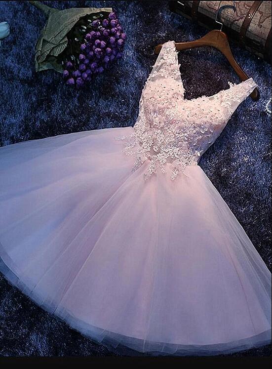 Pink V-neckline Flowers and Lace Applique Party Dress