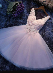 Pink V-neckline Flowers and Lace Applique Party Dress