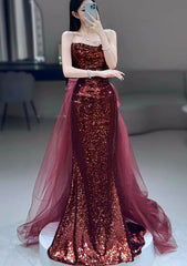 Wine Red Sequins and Tulle Mermaid Long Party Dress