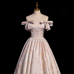 Vestido largo de fiesta floral con hombros descubiertos y estampado rosa 